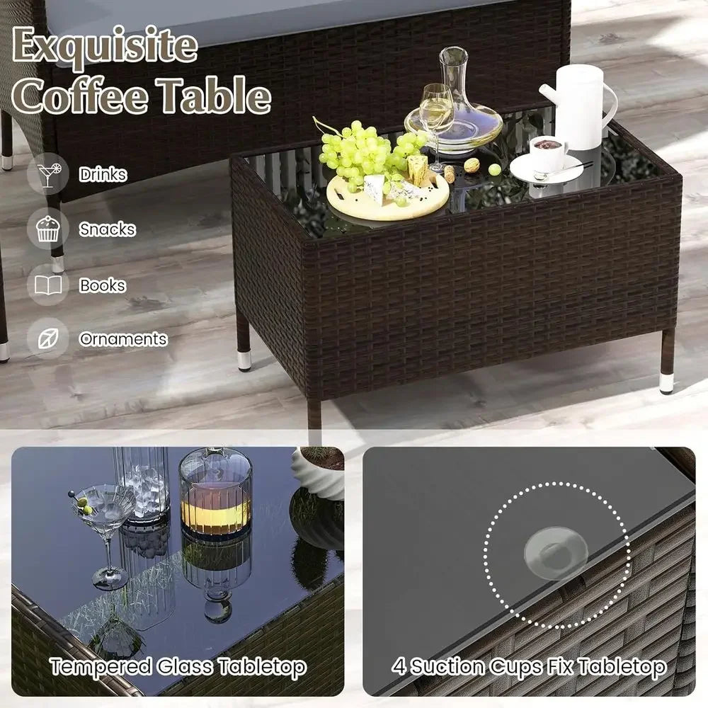 8-Piece Outdoor Wicker Patio Conversation Set – PE Rattan Seating with Thick Cushions & Tempered Glass Coffee Table, Gray