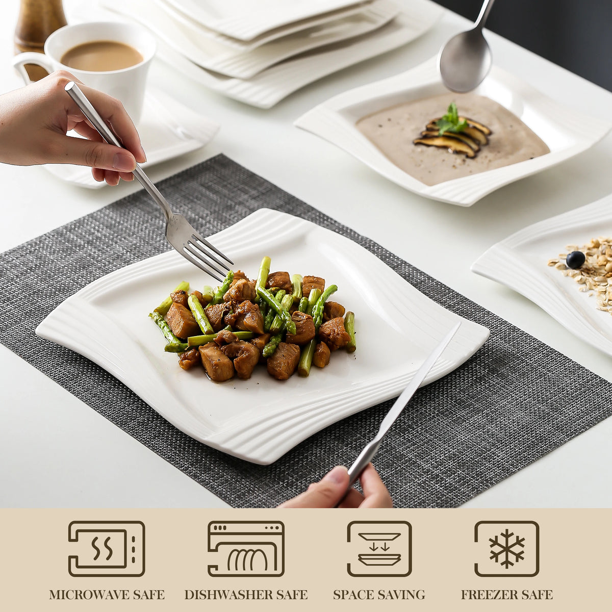 MALACASA AMPARO Ridged Ivory White Porcelain Dinnerware Set – 30 or 60 Piece, Service for 6 or 12