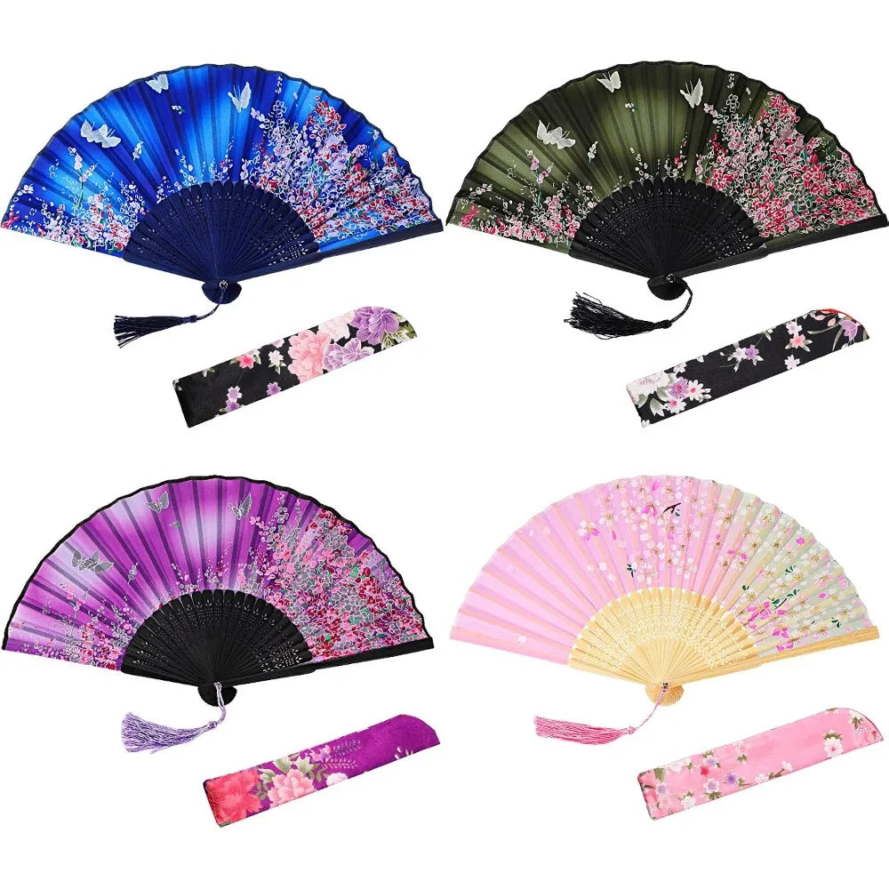 Silk & Bamboo Folding Fans with Tassels – 4 Piece Set