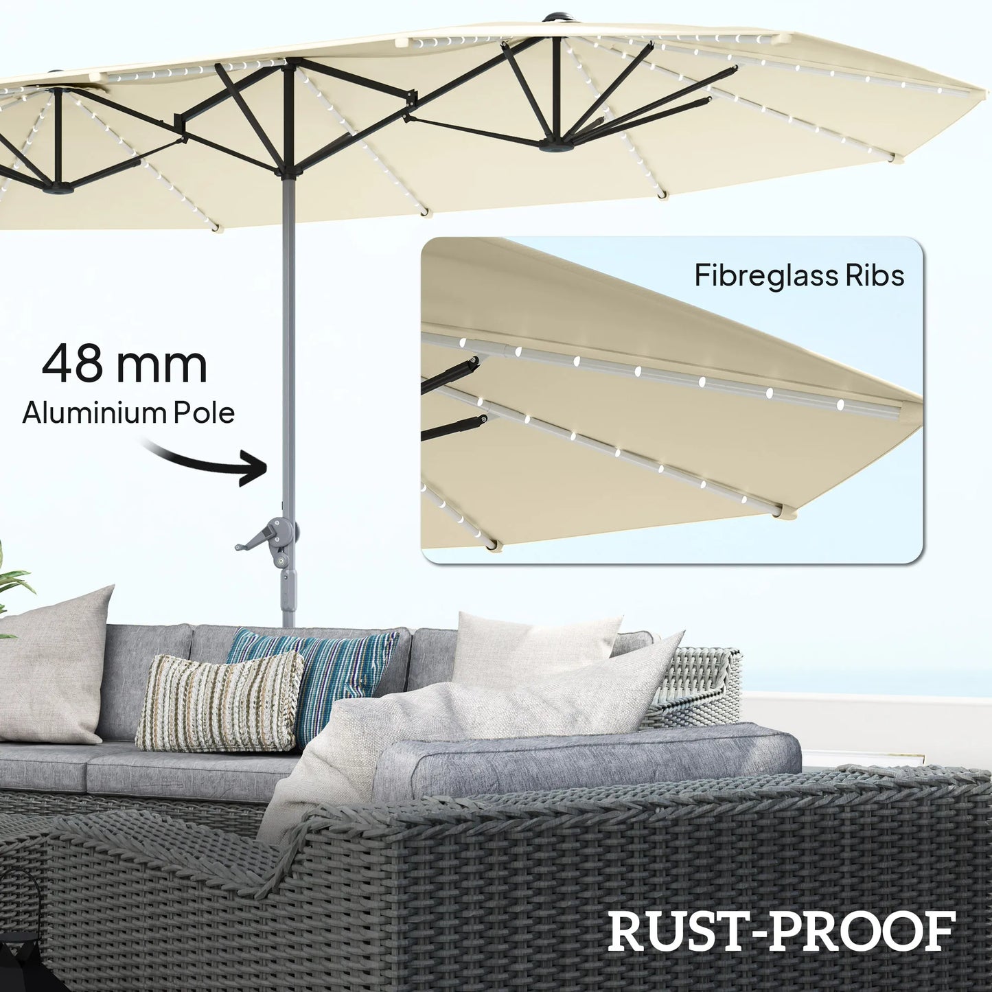 15FT Double-Sided Solar LED Patio Umbrella with UPF 50+ Sun Protection