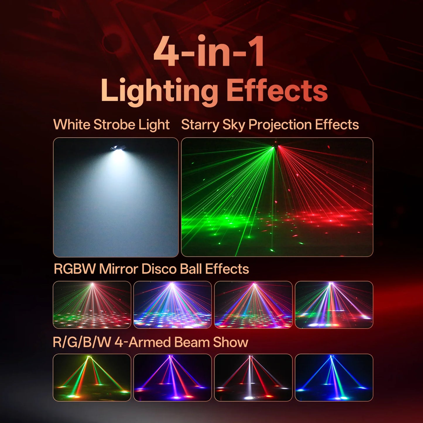 4-in-1 RGBW Moving Head DJ Party Light – Beam, Laser, Magic Ball & Strobe
