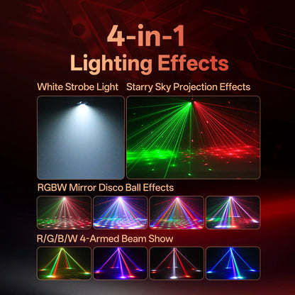 4-in-1 RGBW Moving Head DJ Party Light – Beam, Laser, Magic Ball & Strobe
