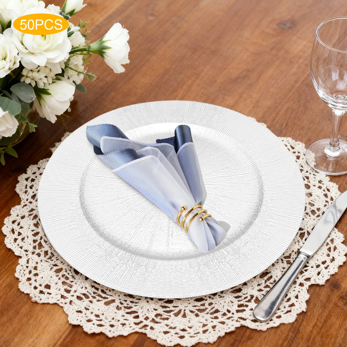 Silver Round Charger Plates – 13", 50 Piece Set