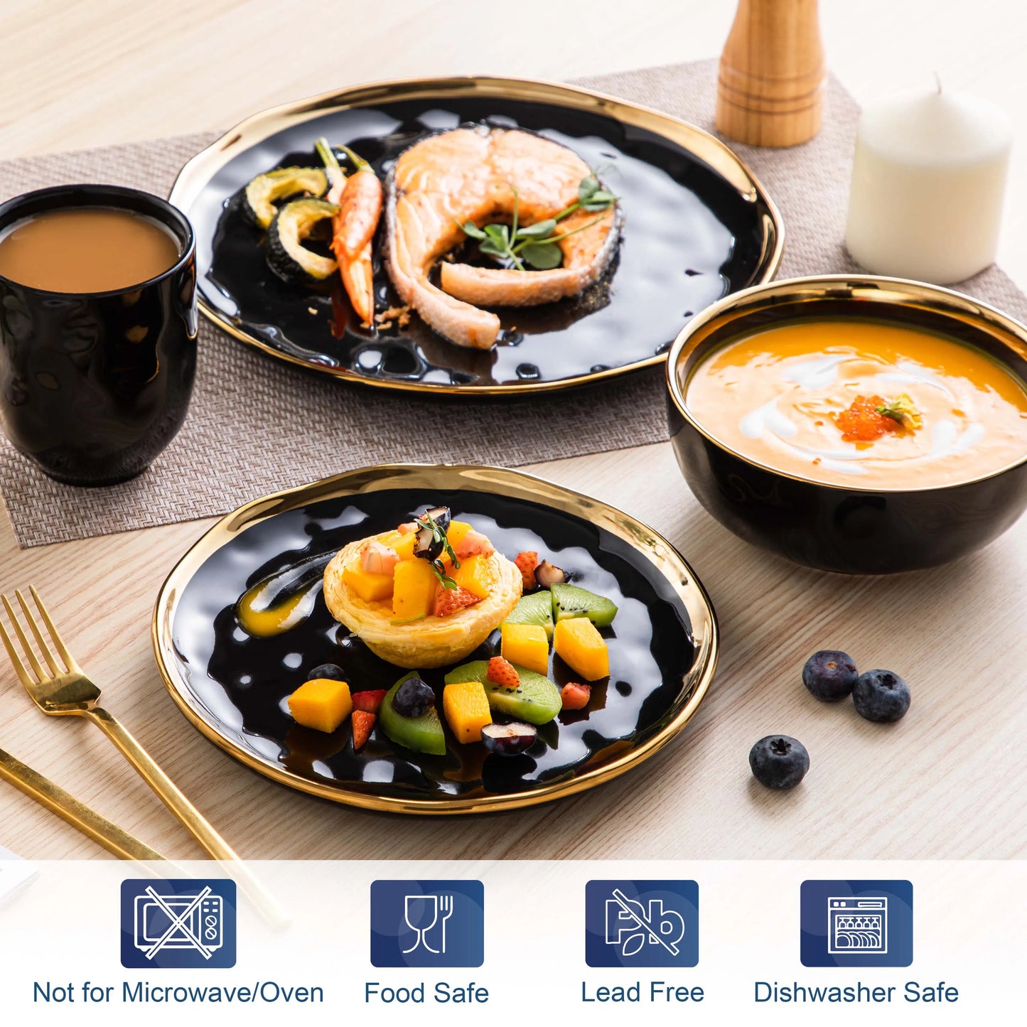 MALACASA Luxe Black & Gold Porcelain Dinnerware Set – 16 or 32 Piece