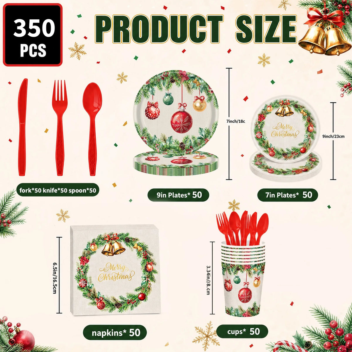 350-Piece Christmas Disposable Dinnerware Set – Serves 50