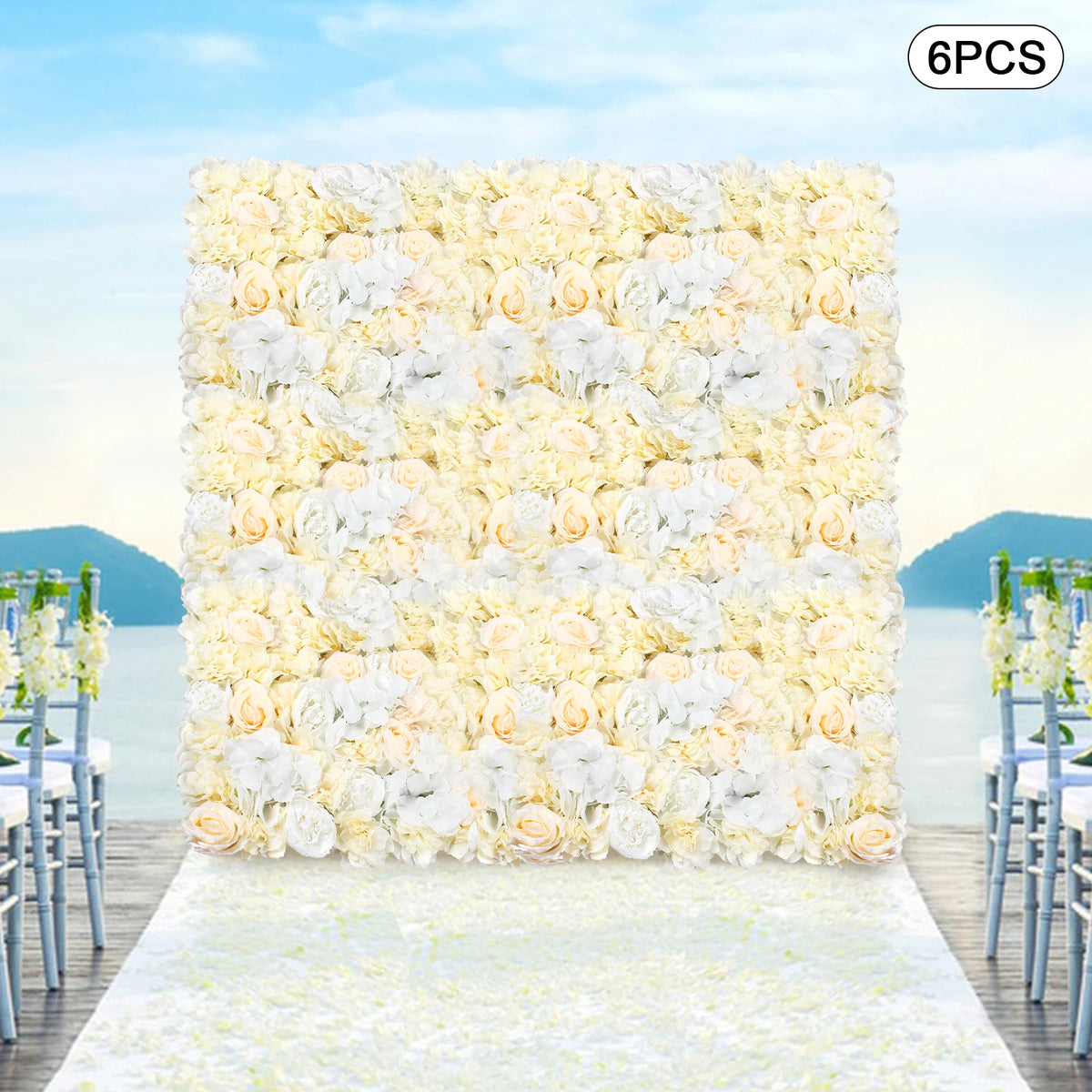 6-Piece Artificial Flower Wall Panel Set – Pale Yellow & White Hydrangea Rose Floral Backdrop