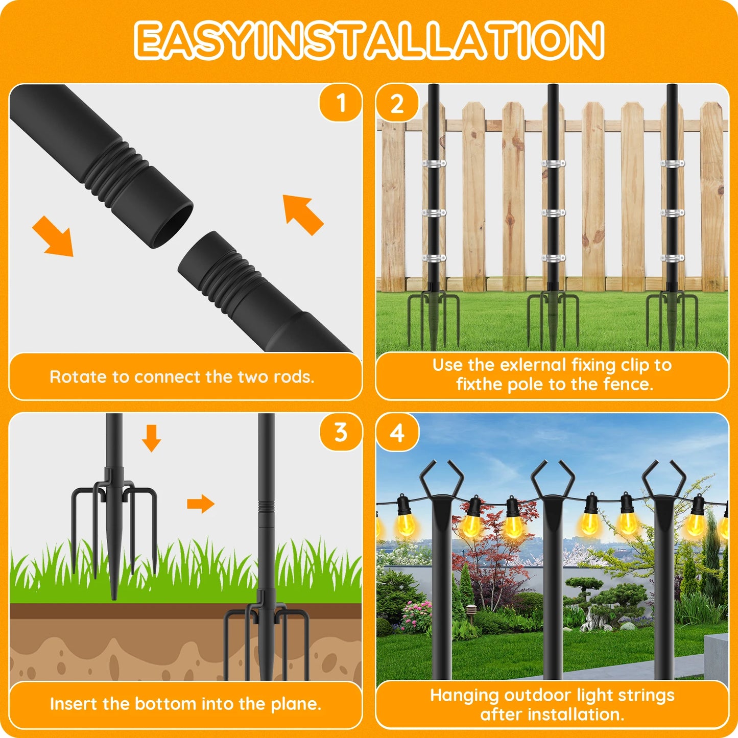 6-Pack 10FT Heavy-Duty Outdoor String Light Poles with Ground Forks