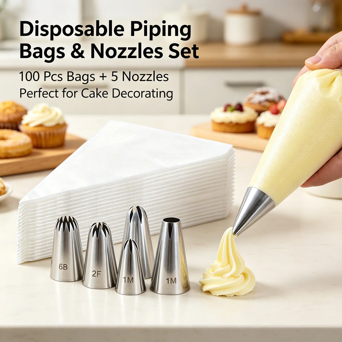 100 Disposable Piping Bags & 6 Stainless Steel Decorating Tips