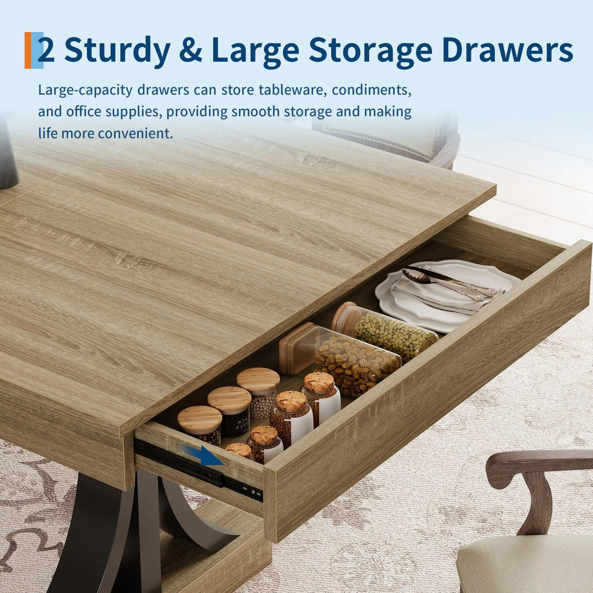 71" Industrial Dining Table for 6–8 – Rectangular Wood-Look Table with 2 Storage Drawers & Double Pedestal Base