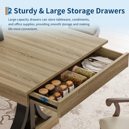 71" Industrial Dining Table for 6–8 – Rectangular Wood-Look Table with 2 Storage Drawers & Double Pedestal Base