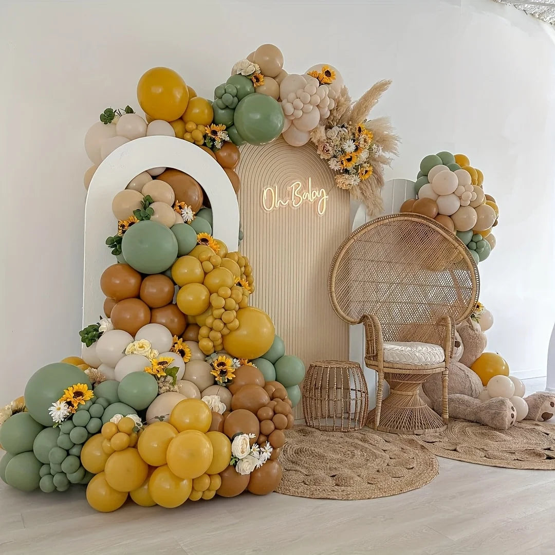 146-Piece Sage Green & Mustard Balloon Garland Arch Kit – Nude, Tan, Brown & White Party Balloons