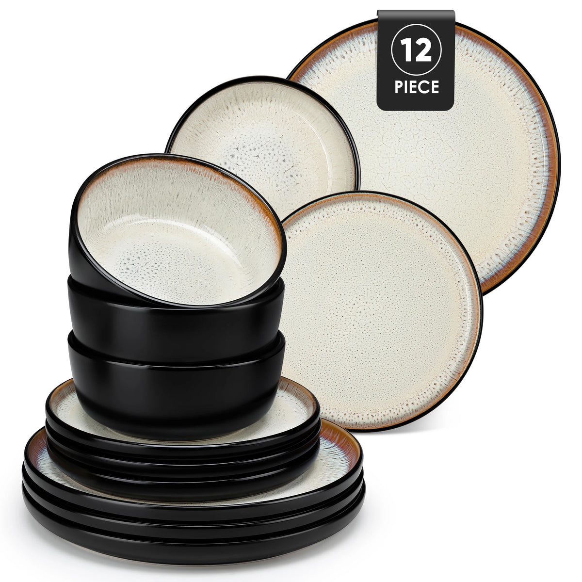 Vancasso AMBER Ceramic Dinnerware Set – Stone Black with Color Interior, 12 or 16 Piece