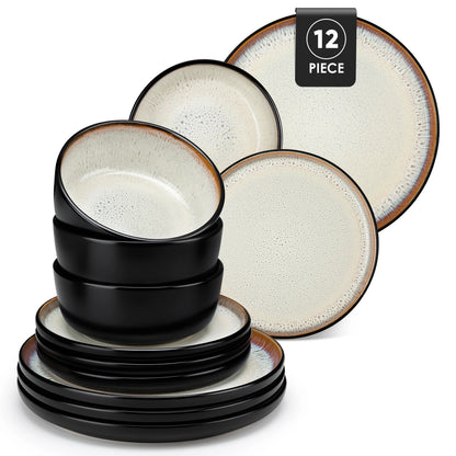 Vancasso AMBER Ceramic Dinnerware Set – Stone Black with Color Interior, 12 or 16 Piece