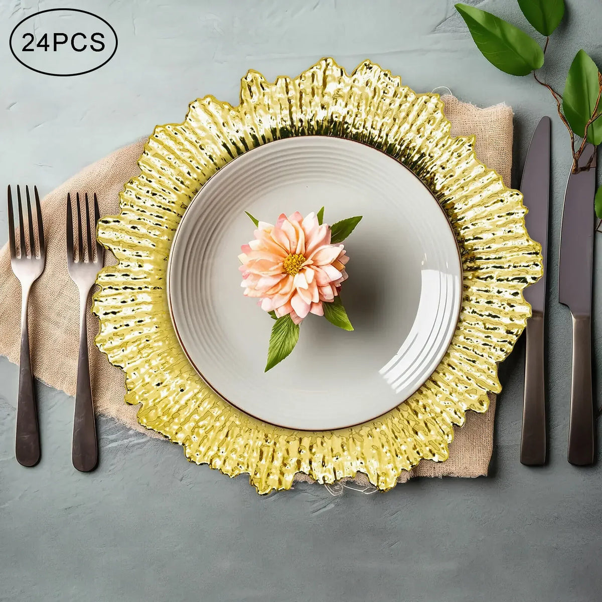 Gold Textured Coral Reef Charger Plates – 13", 24 Piece Set