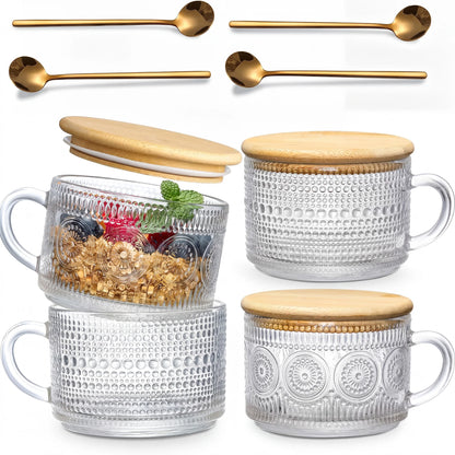 4-Piece 14 oz Vintage Embossed Glass Mug Set with Bamboo Lids & Gold Spoons