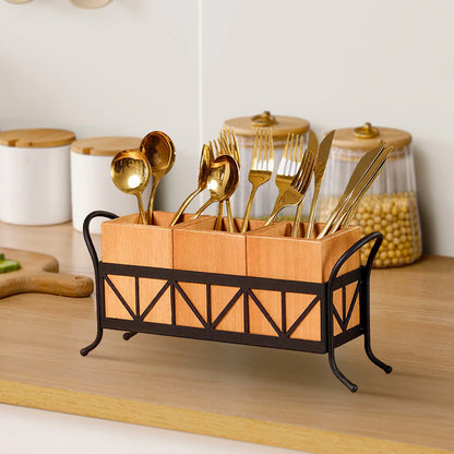 3-Compartment Bamboo Utensil Holder with Black Metal Rack