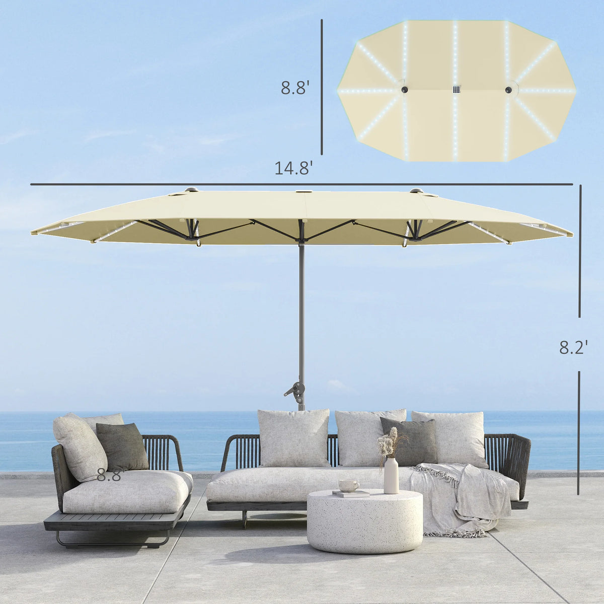 15FT Double-Sided Solar LED Patio Umbrella with UPF 50+ Sun Protection