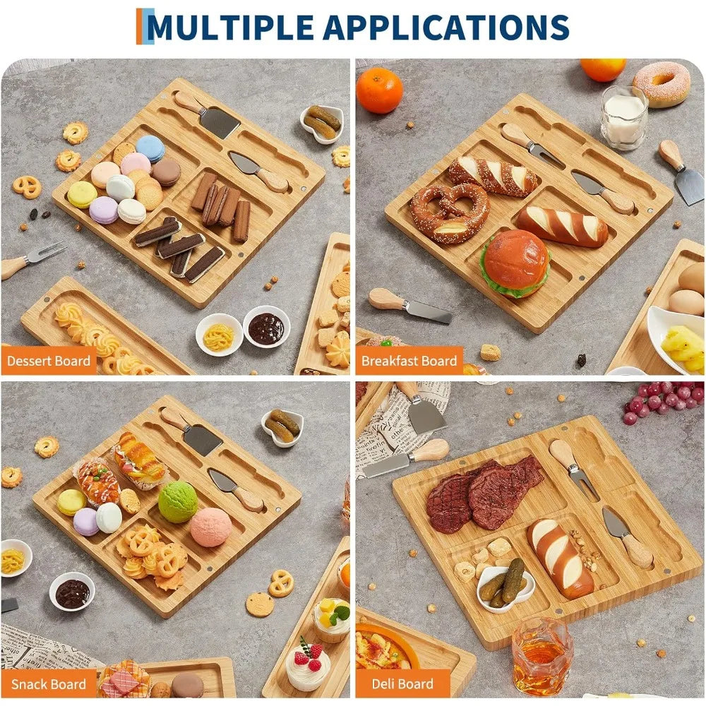 3-Piece Magnetic Bamboo Charcuterie Board Set – 25.2" Modular Cheese Board with 4 Knives & 2 Bowls