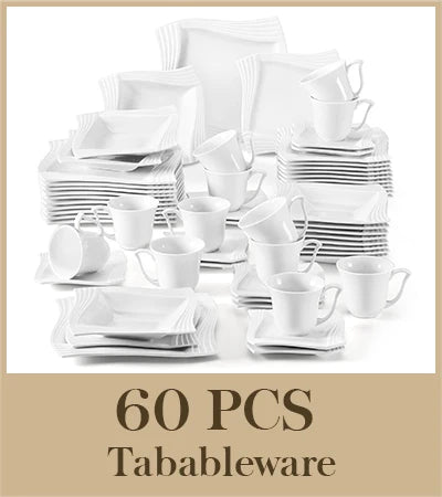 MALACASA AMPARO Ridged Ivory White Porcelain Dinnerware Set – 30 or 60 Piece, Service for 6 or 12
