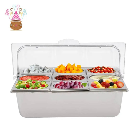 9-Compartment Stainless Steel Chilled Serving Station with Flip Top Lid