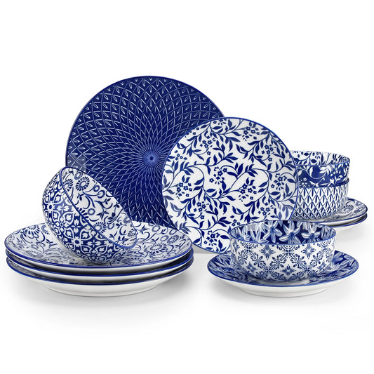 Vancasso Blue & White Porcelain Dinnerware Set – 12, 24 or 36 Piece