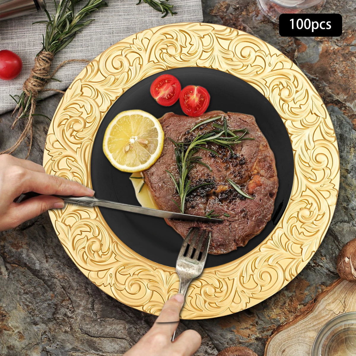 Gold Embossed Round Charger Plates – 13", 100 Piece Set