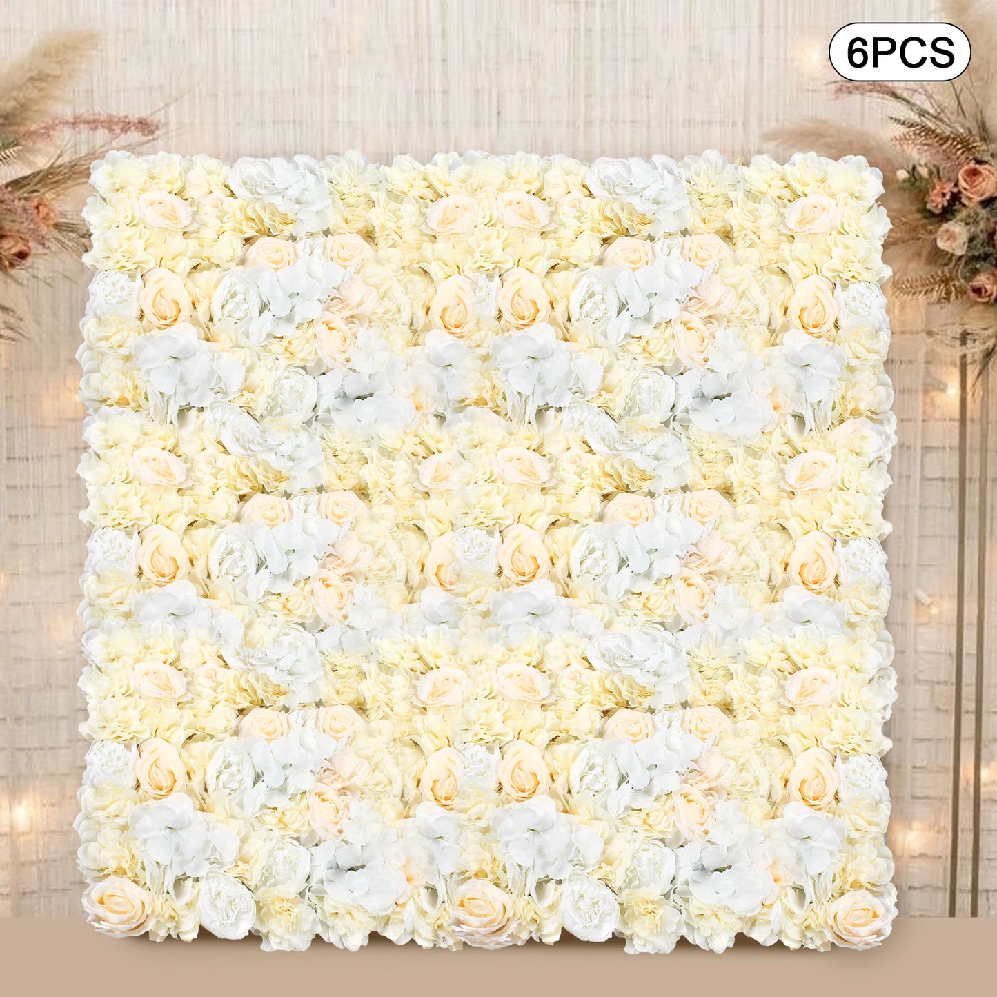 6-Piece Artificial Flower Wall Panel Set – Pale Yellow & White Hydrangea Rose Floral Backdrop