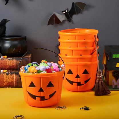 6-Pack Halloween Jack-O'-Lantern Pumpkin Trick-or-Treat Buckets – Orange Candy Pails with Handles