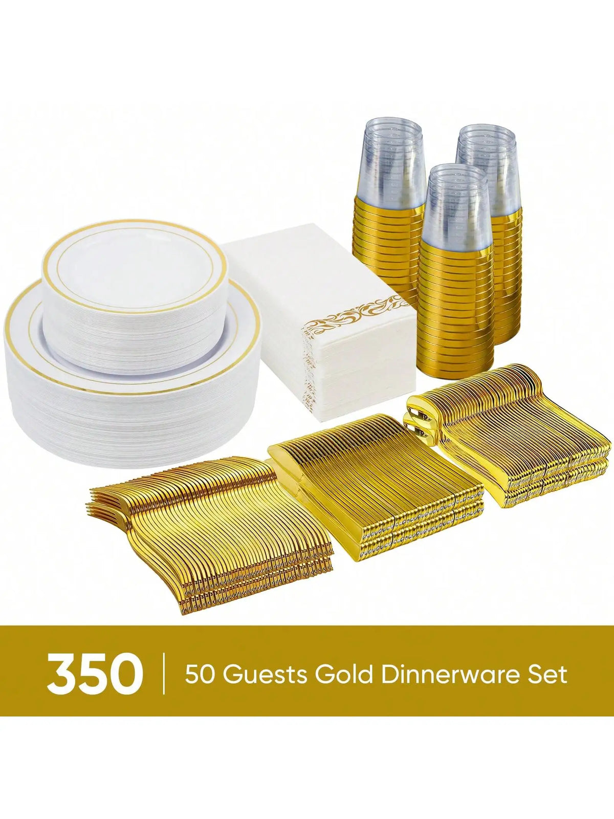 350-Piece Elegant Disposable Dinnerware, Cutlery, Cup & Napkin Set for 50 Guests – Gold or Silver Rim
