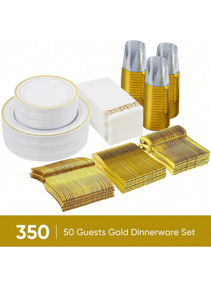 350-Piece Elegant Disposable Dinnerware, Cutlery, Cup & Napkin Set for 50 Guests – Gold or Silver Rim