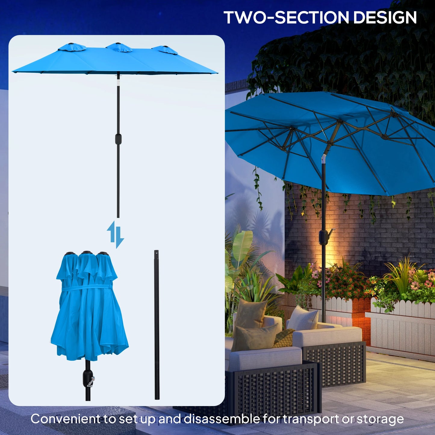 9.4FT Double-Sided Patio Umbrella with Tilt & Crank – Cyan Blue