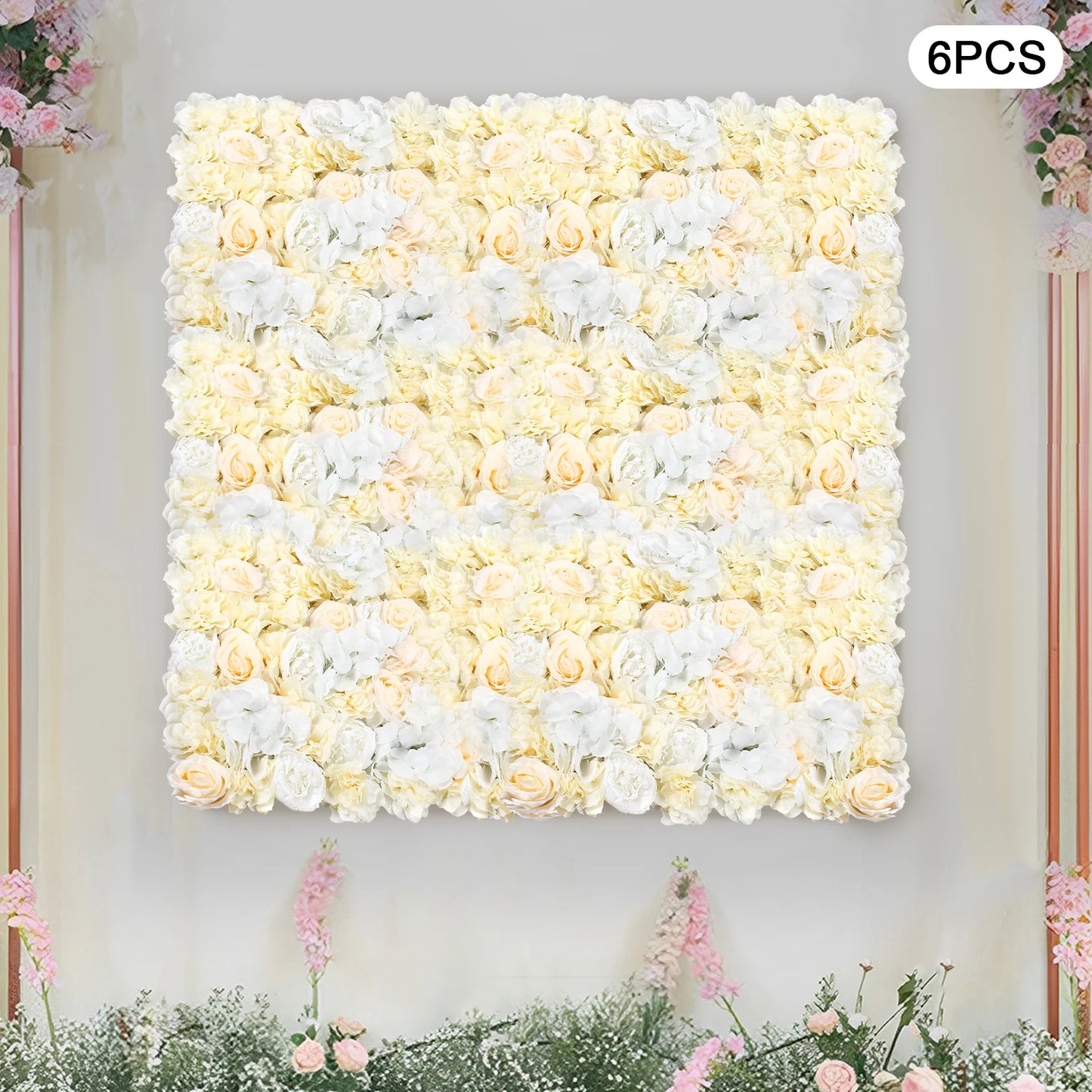 6-Piece Artificial Flower Wall Panel Set – Pale Yellow & White Hydrangea Rose Floral Backdrop