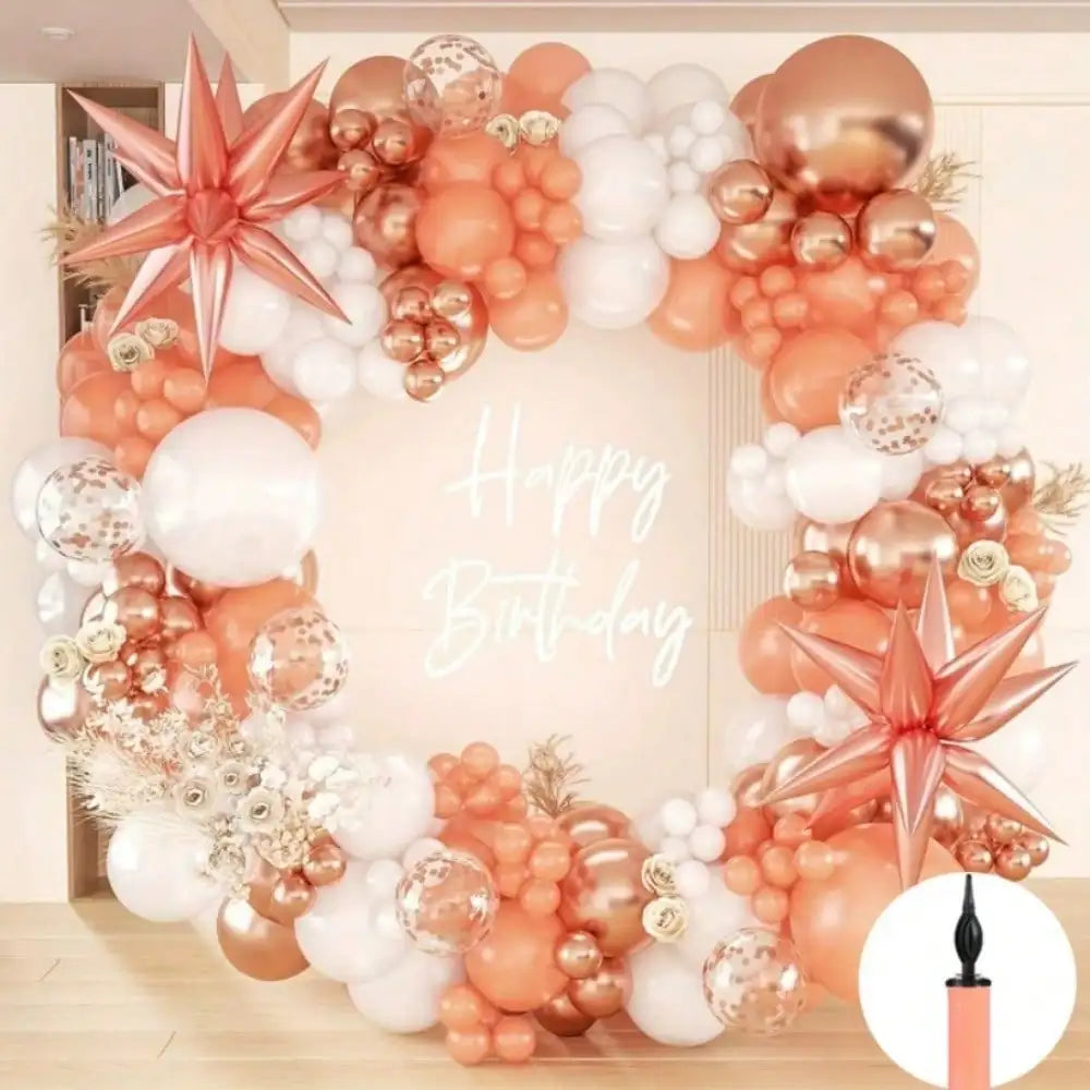 99-Piece Rose Gold, Orange & White Balloon Garland Arch Kit with Star Balloon & Pump