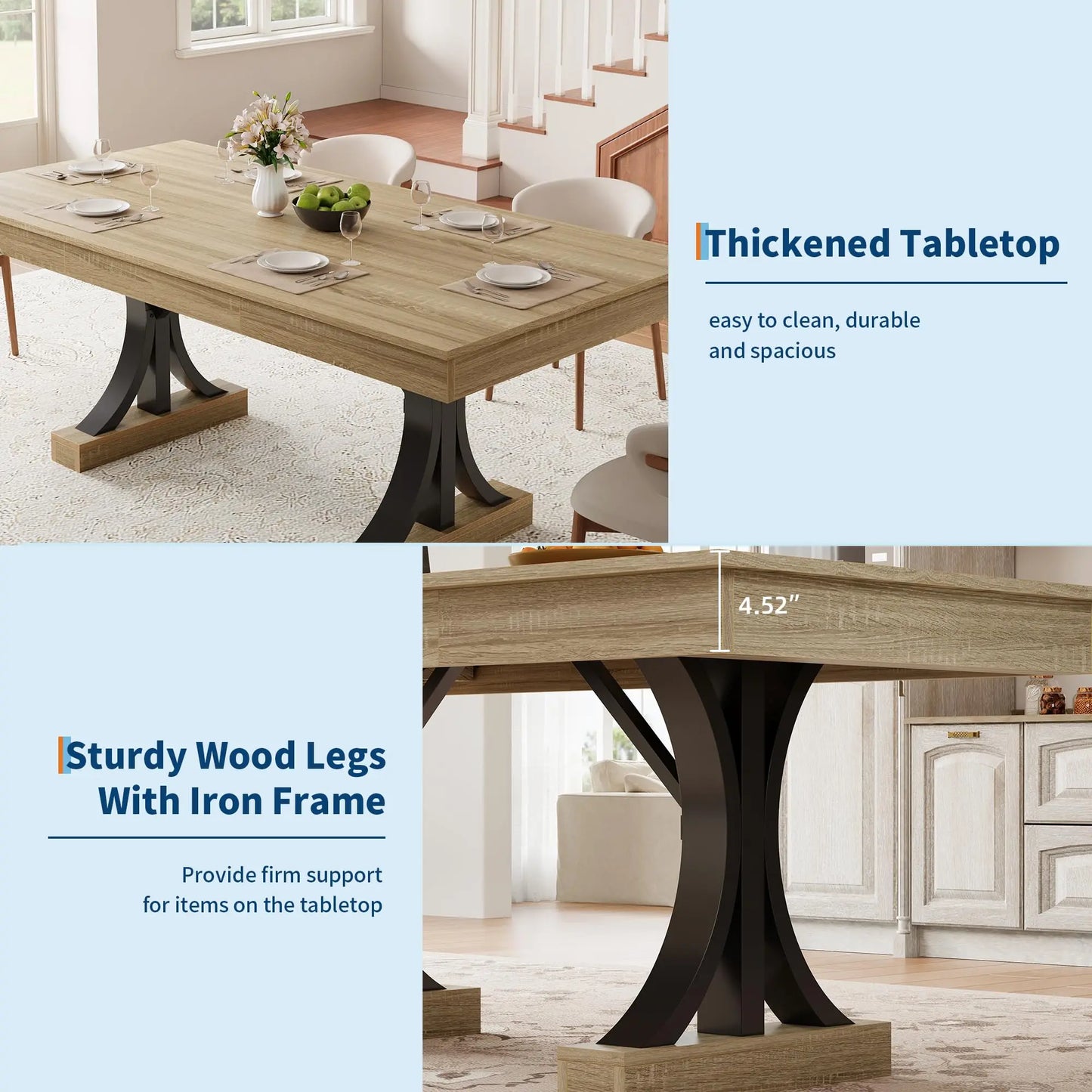 71" Industrial Dining Table for 6–8 – Rectangular Wood-Look Table with 2 Storage Drawers & Double Pedestal Base