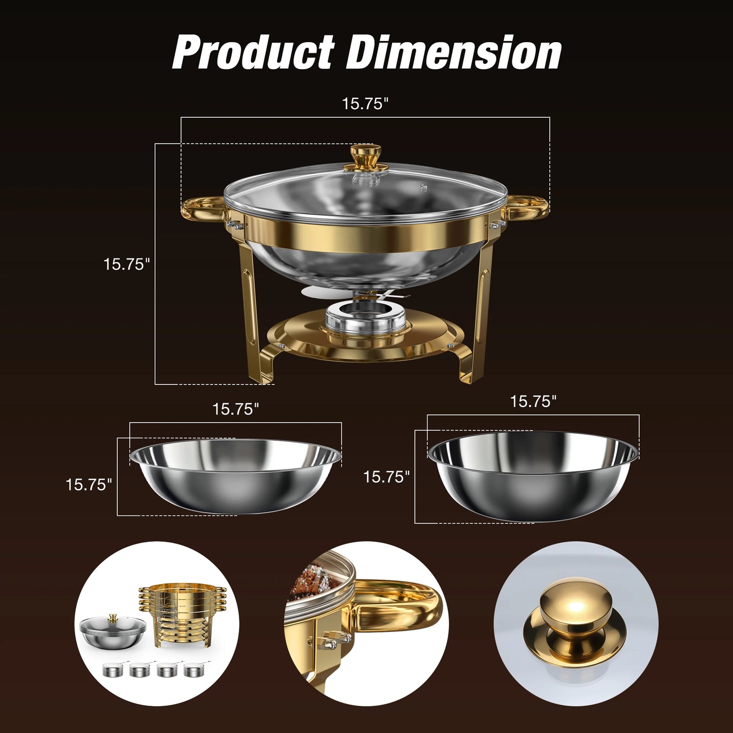 Round Chafing Dishes with Glass Lids – 5 Qt, Gold - 2 or 4 Pack