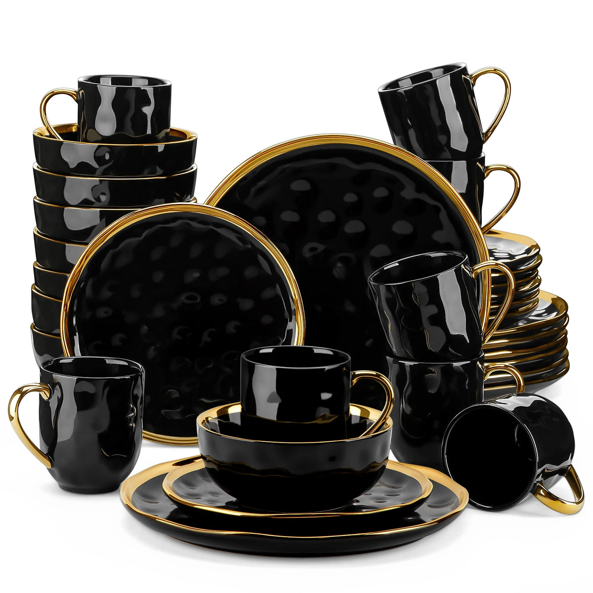 MALACASA Luxe Black & Gold Porcelain Dinnerware Set – 16 or 32 Piece