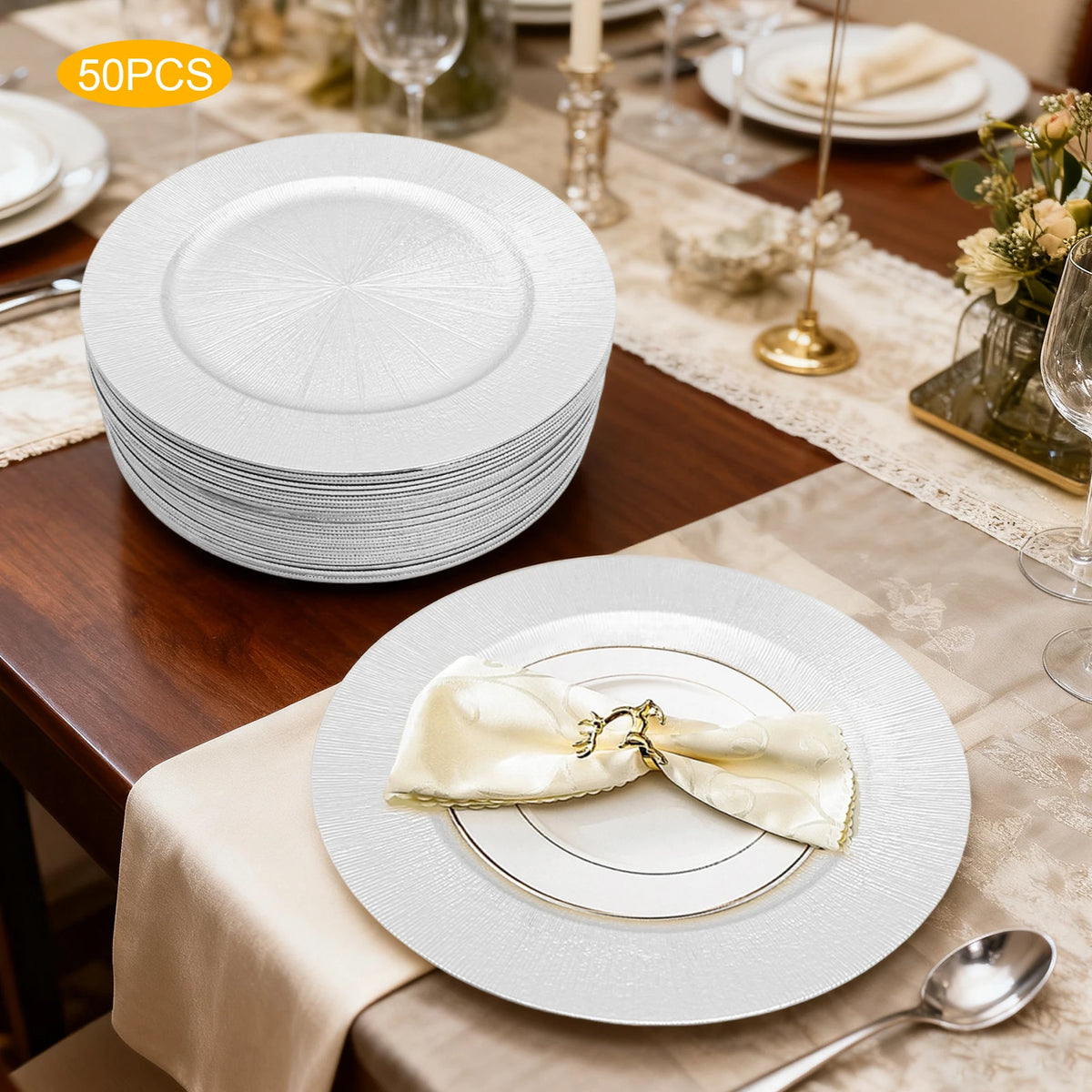 Silver Round Charger Plates – 13", 50 Piece Set