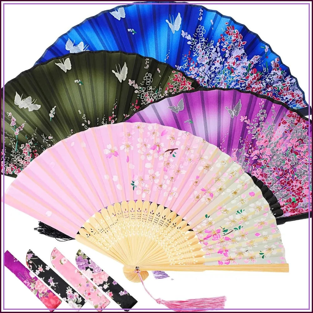 Silk & Bamboo Folding Fans with Tassels – 4 Piece Set