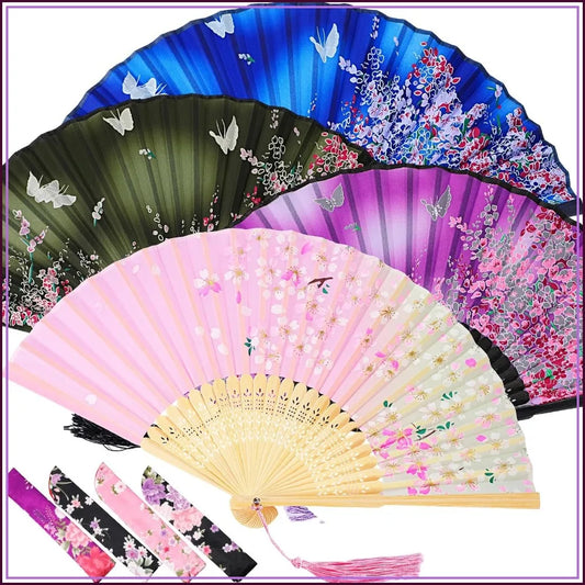 Silk & Bamboo Folding Fans with Tassels – 4 Piece Set