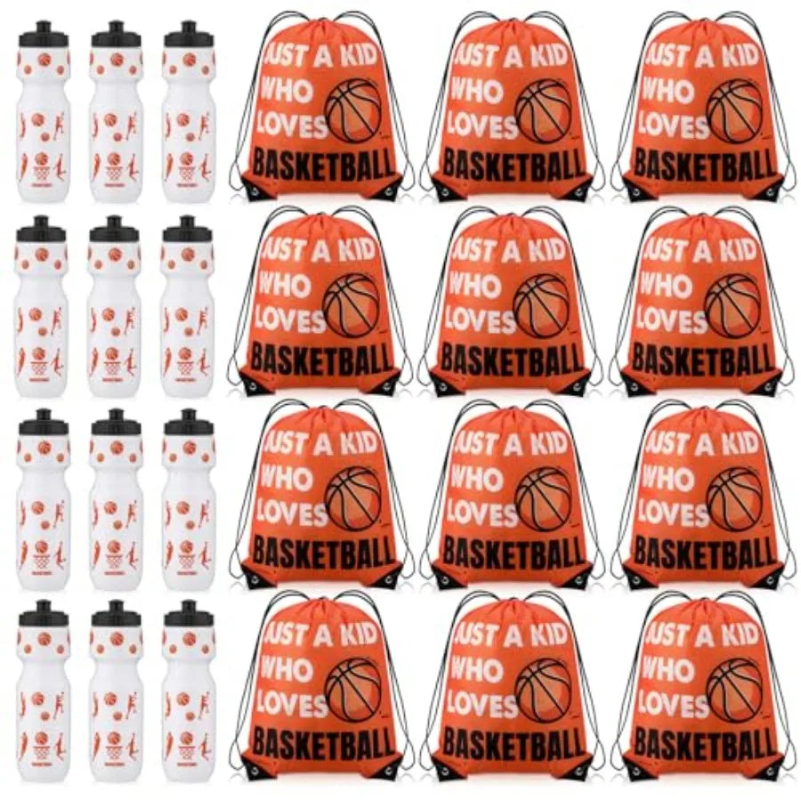 Basketball Party Favor Set – 12 Sports Water Bottles & 12 Drawstring Goodie Bags