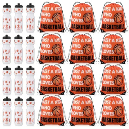 Basketball Party Favor Set – 12 Sports Water Bottles & 12 Drawstring Goodie Bags