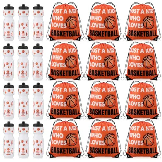 Basketball Party Favor Set – 12 Sports Water Bottles & 12 Drawstring Goodie Bags