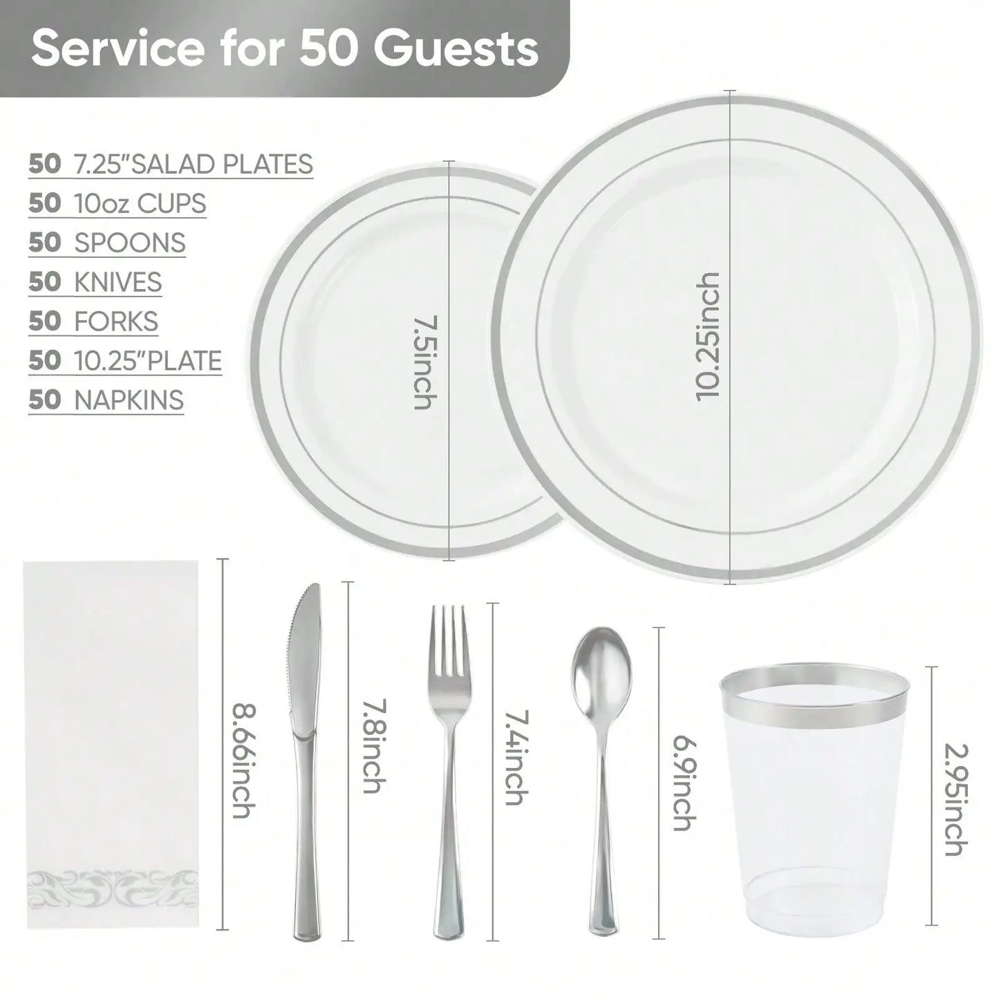 350-Piece Elegant Disposable Dinnerware, Cutlery, Cup & Napkin Set for 50 Guests – Gold or Silver Rim