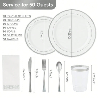 350-Piece Elegant Disposable Dinnerware, Cutlery, Cup & Napkin Set for 50 Guests – Gold or Silver Rim