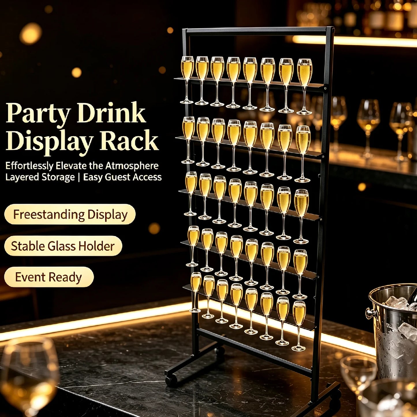 5-Tier Rolling Champagne & Stemware Display Stand – Holds 40 Glasses