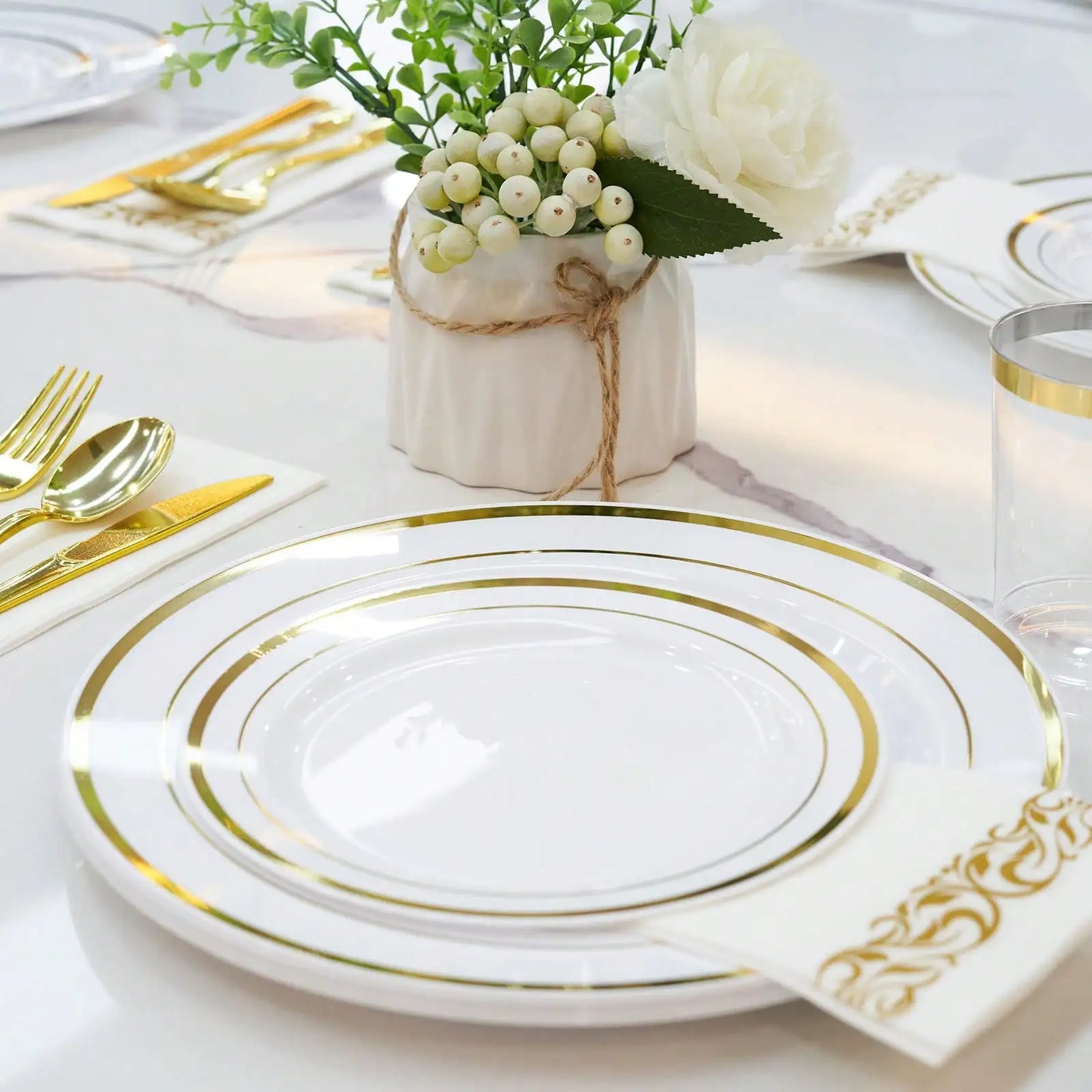 350-Piece Elegant Disposable Dinnerware, Cutlery, Cup & Napkin Set for 50 Guests – Gold or Silver Rim