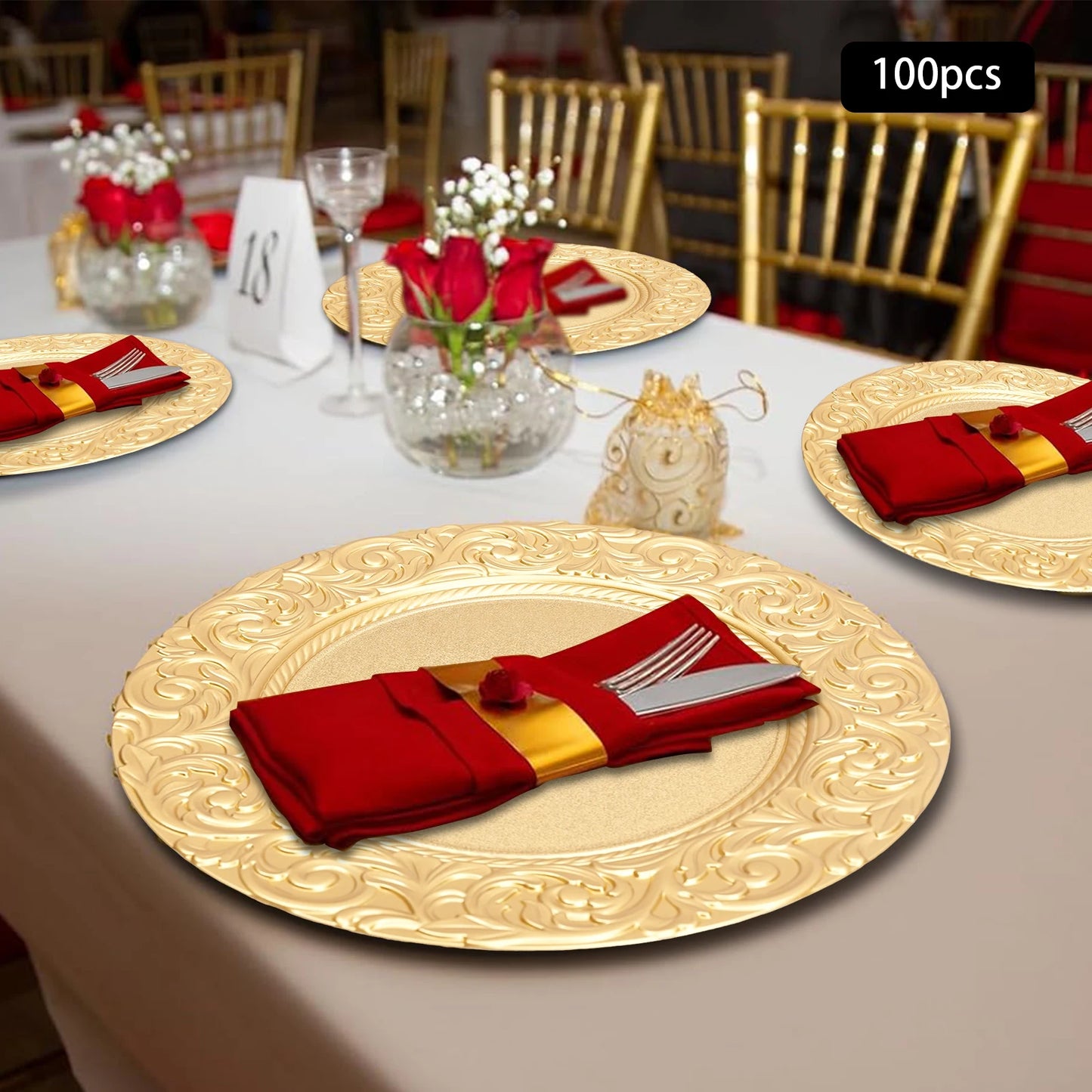 Gold Embossed Round Charger Plates – 13", 100 Piece Set