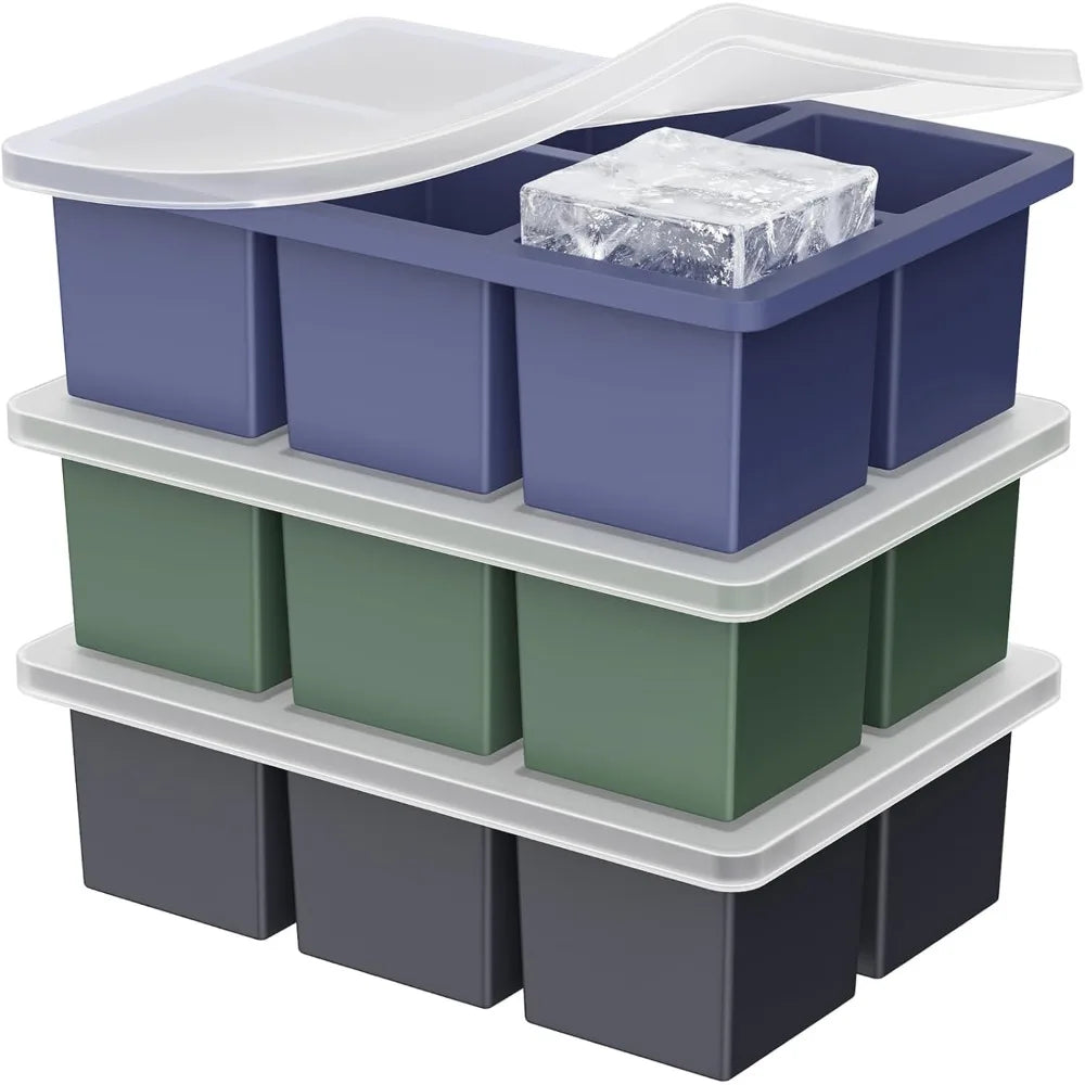 3-Pack Large Square Whiskey / Bourbon Silicone Ice Cube Trays with Lids
