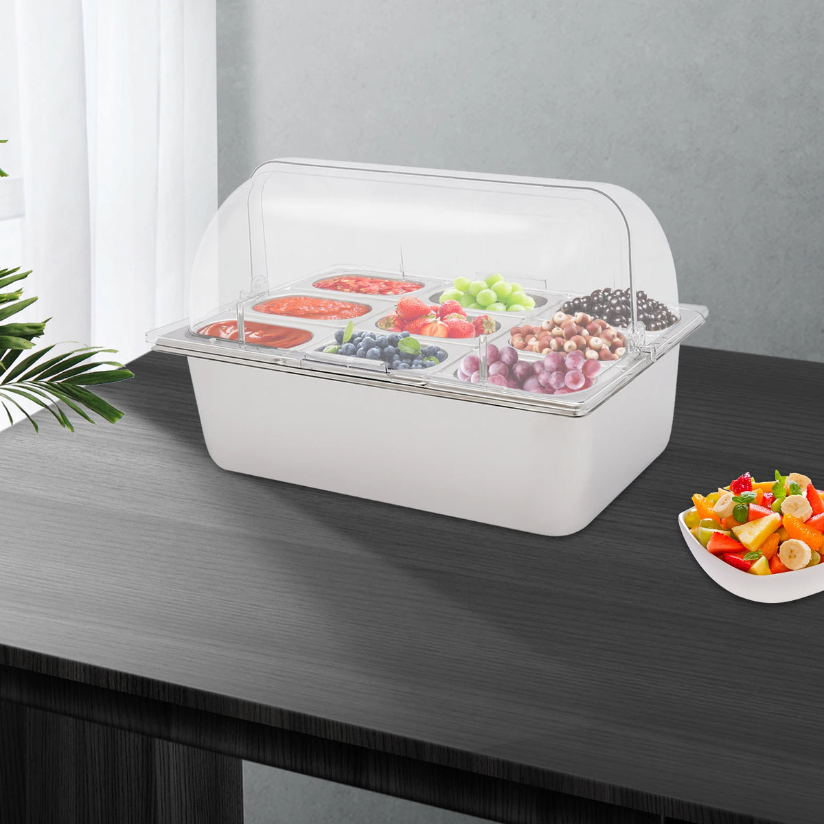 9-Compartment Stainless Steel Chilled Serving Station with Flip Top Lid