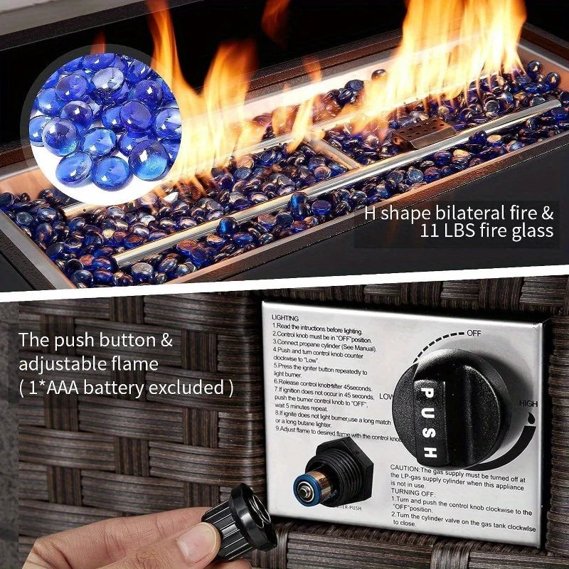 44" Outdoor Propane Fire Pit Table – 50,000 BTU with Glass Wind Guard & Brown Rattan